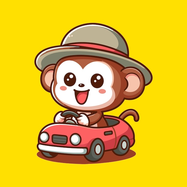 un singe de dessin animé avec un chapeau sur une voiture