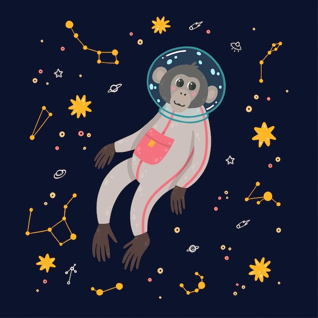 Singe Mignon Dans L'espace. Singe Dans Le Cosmos Entouré D'étoiles.