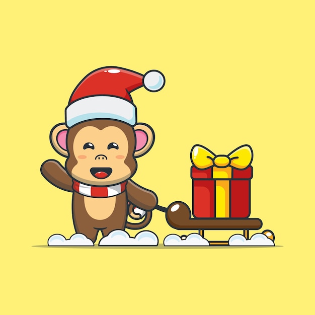 Vecteur singe mignon portant une boîte-cadeau de noël illustration de dessin animé mignon de noël