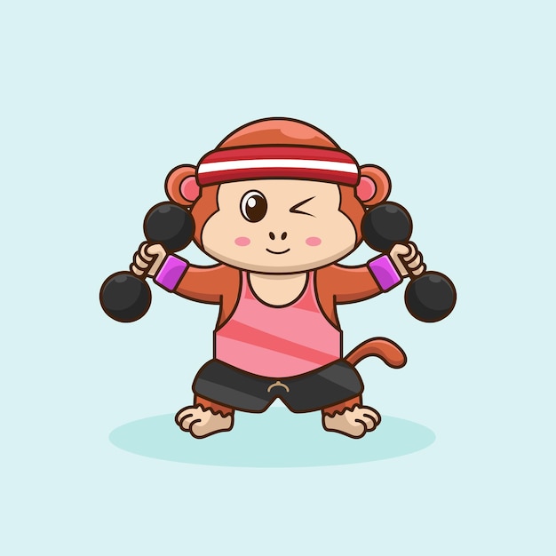 Vecteur singe mignon soulevant des haltères gym workout icon mascotte logo autocollant mignon style de bande dessinée