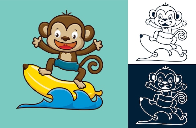 Singe Mignon Surfant Dans L'eau Avec Une Grosse Banane. Illustration De Dessin Animé Dans Le Style D'icône Plate