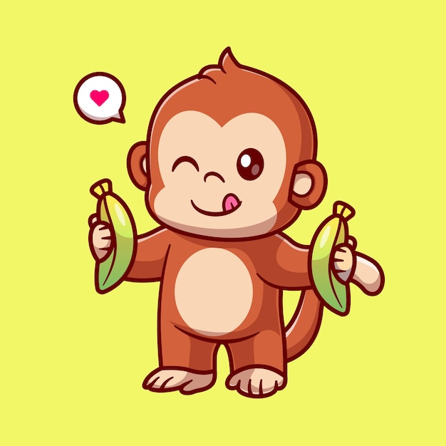 Singe Mignon Tenant Une Illustration D'icône De Vecteur De Dessin Animé De Banane. Concept D'icône De Nature Animale Isolé