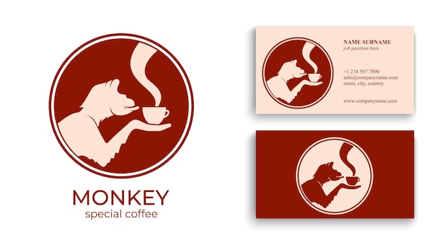 Singe avec une tasse de café ou de thé Logo ou badge pour cafés et cafés Illustration vectorielle Logo spécial