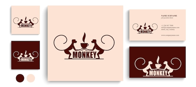 Singe avec une tasse de café ou de thé Logo ou badge pour cafés et cafés Illustration vectorielle Logo spécial