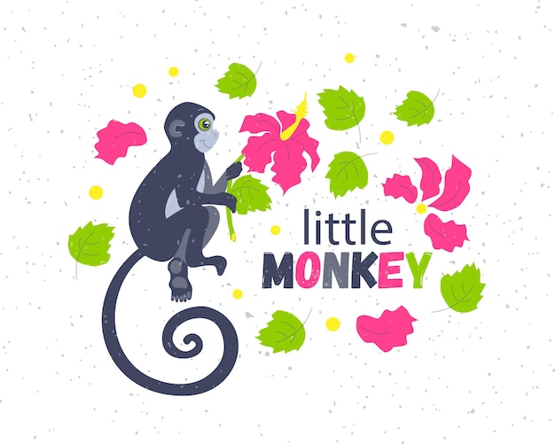 Singe Avec Texte, Illustration Vectorielle De Fleurs Pour Les Graphiques De Mode Pour Enfants, Imprimés De T-shirts, Affiches, Autocollants, Etc. Bannière De Lettrage Pour Enfants Petit Singe. Calligraphie De Mode Fille