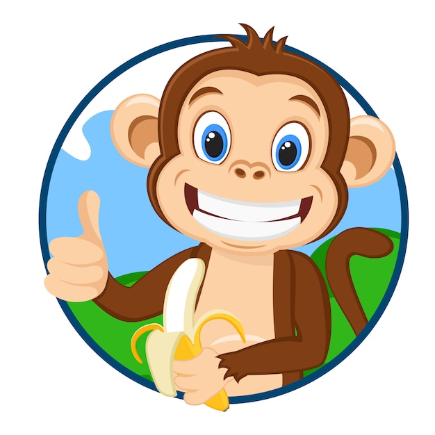 Le Singe Tient Une Banane Mûre Et Montre Un Logo Similaire Sur Un Fond Blanc.