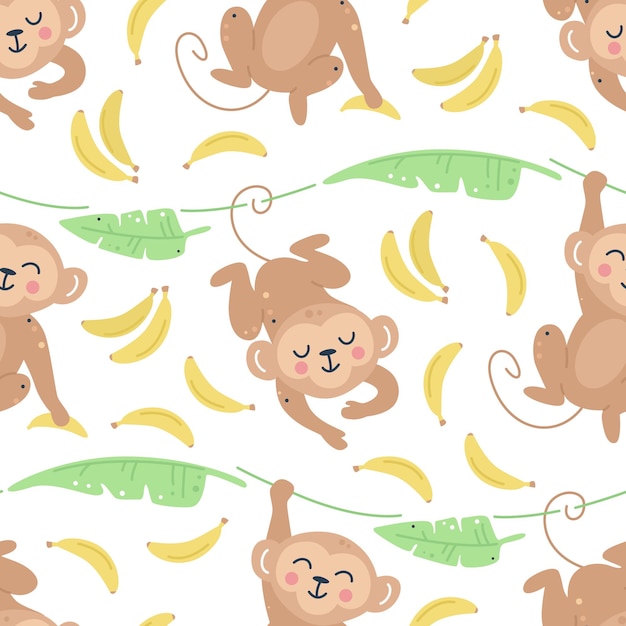 Singes Aux Bananes Et Feuilles Modèle Sans Couture