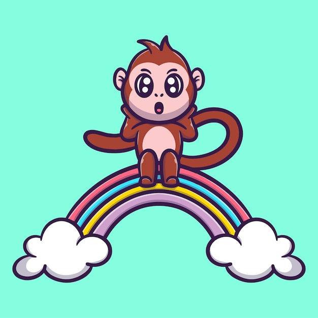 Singes Mignons Avec Illustration D'icône De Vecteur De Dessin Animé Arc-en-ciel