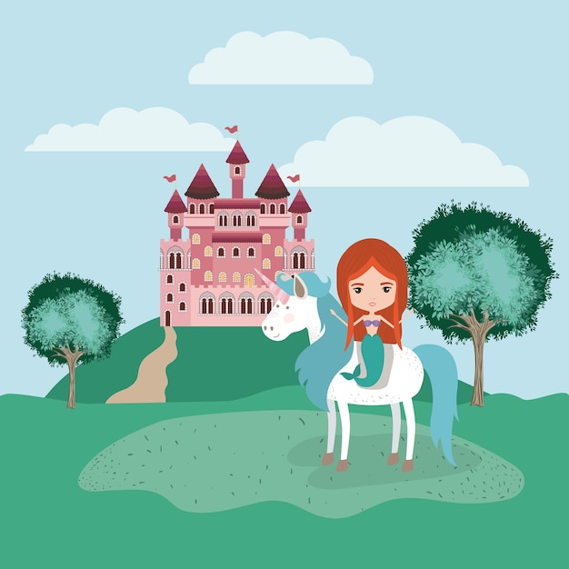 Sirène Avec Licorne Dans Le Camp Et Le Château