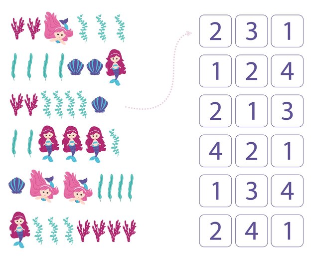 Vecteur sirènes. fiche de travail pour l'enseignement des mathématiques et de la numératie. pour les enfants d'âge préscolaire et les enfants de la maternelle. vecteur, style dessin animé.