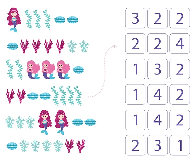 Vecteur sirènes. fiche de travail pour l'enseignement des mathématiques et de la numératie. pour les enfants d'âge préscolaire et les enfants de la maternelle. vecteur, style dessin animé.