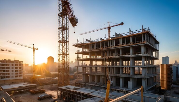 Site de construction avec des grues et un bâtiment en construction au lever du soleil avec un horizon de la ville en arrière-plan
