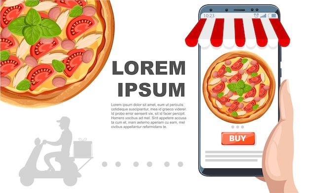 Site Web En Ligne De Commande De Concept De Commerce électronique. Service En Ligne De Livraison De Pizza De Restauration Rapide. Illustration Plate Sur Fond Blanc. Conception De Dépliants Publicitaires Ou De Cartes De Voeux.