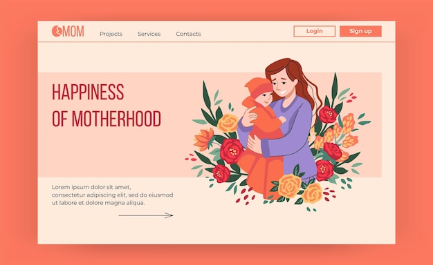 Site Web de la mère heureuse La jeune mère embrasse sa fille Le concept d'amour des parents Les femmes et les petites filles Bannière de la maternité Des dessins animés Des gens et des fleurs Bouquet modèle de page d'atterrissage Illustration vectorielle