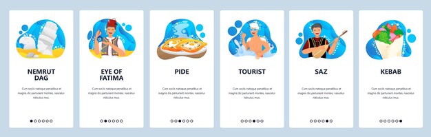 site web de la vie turque et écran d'intégration d'applications mobiles modèle vectoriel de bannière de menu pour le développement de sites Web et d'applications monuments célèbres de la culture turque musique pide kebab nourriture traditionnelle