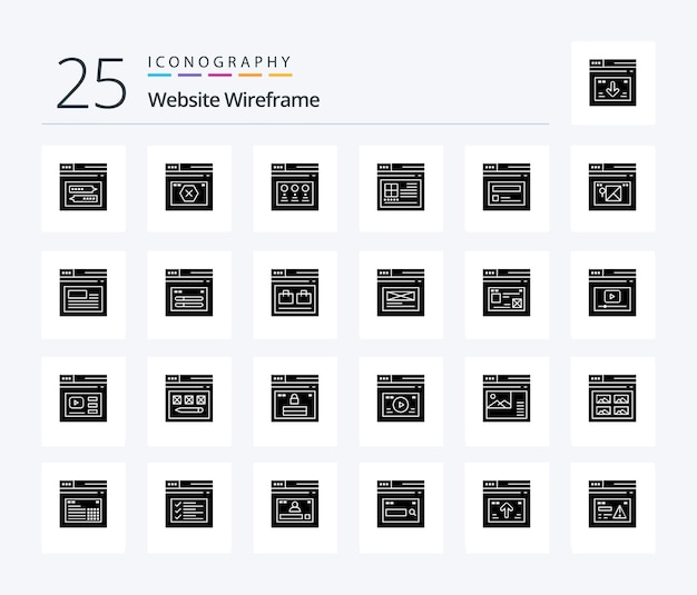 Site Web Wireframe 25 Pack d'icônes Solid Glyph comprenant la page du site Web du site Web Internet