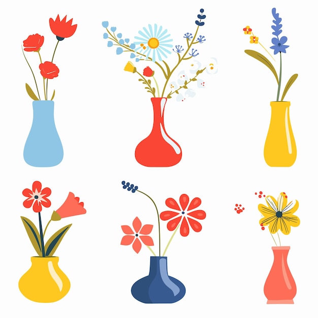 Vecteur six arrangements floraux colorés différents vases design plat vase graphique a une forme unique couleur