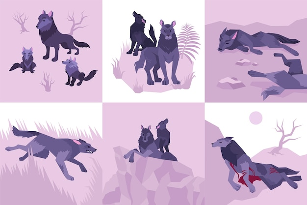 Vecteur six icônes plates isolées de mowgli avec des hurlements de loups vaincus tués saignements et illustration en cours d'exécution