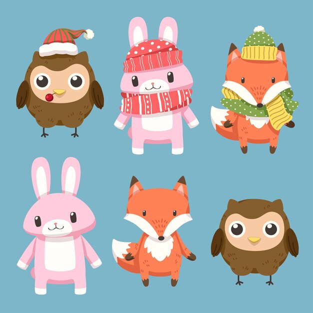 Six personnages animés sur le thème de Noël, un hibou portant un chapeau, un lapin et un renard portant un chapeau et une écharpe