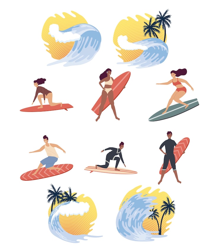 Vecteur six surfeurs et vagues