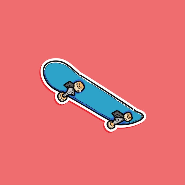 Skateboard bleu illustré sur un fond de corail vibrant