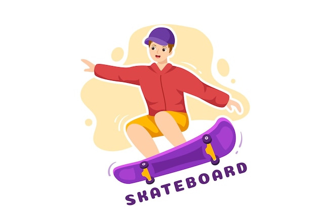 Skateboard Sport Illustration Avec Skateboarders Jump à L'aide De Board On Springboard In Skatepark