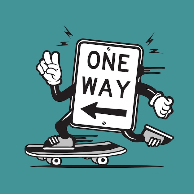 Skater One Way Road Signage Skateboarding Character Design