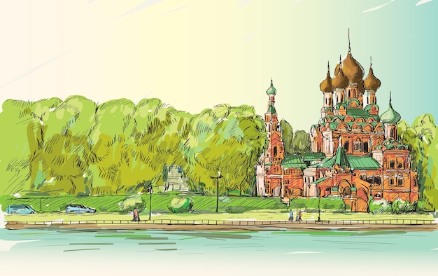 Vecteur skecth de paysage urbain à moscou, russie, église orthodoxe le long de la rivière avec des gens marchent sur le chemin de l'espace public, illustration