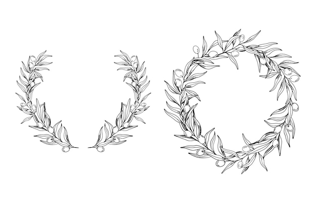 Sketch couronne de branche d'olive avec des baies et des feuilles dessinée à la main illustration d'art vectoriel noir