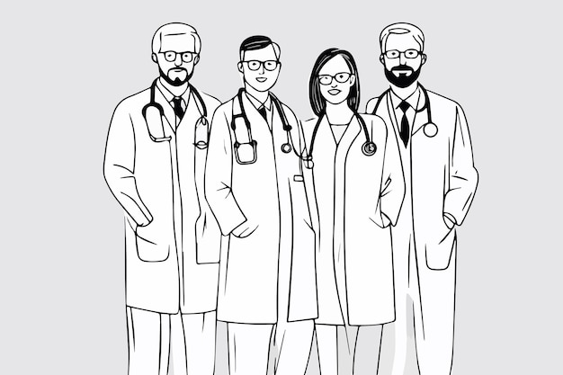 Sketch Diverse Groupe De Médecins Ou De Travailleurs De La Santé Debout En Ligne Portant Des Uniformes Et Des Masques Pendant La Pandémie De Covid-19 Dans Une Illustration Vectorielle.