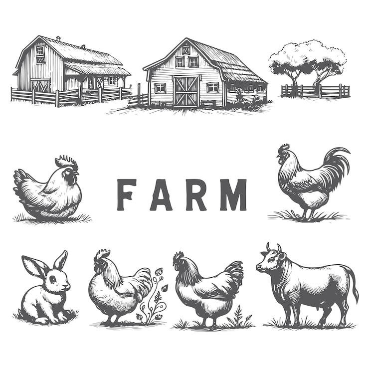 Vecteur sketch du logo de la ferme et des animaux vintage