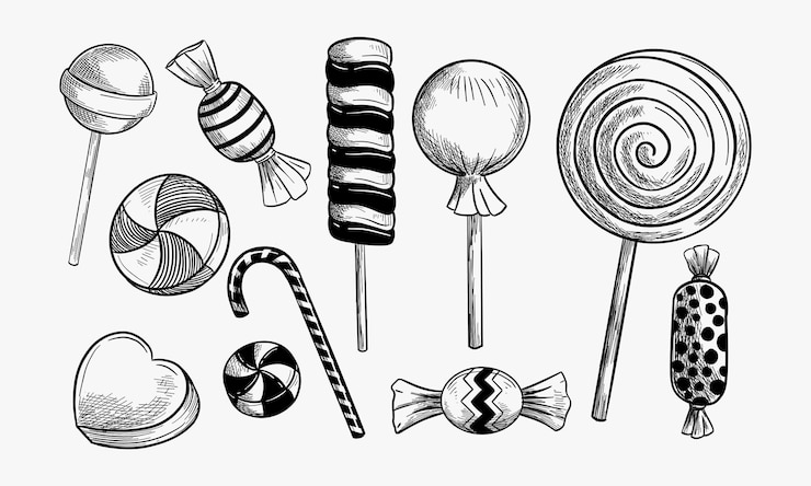 Vecteur sketch d'un ensemble de bonbons durs de style doodle en format vectoriel comprend des sucettes à la menthe emballées, des bonbons au beurre de caramel, des gouttes de gomme de maïs et des jambons de gelée