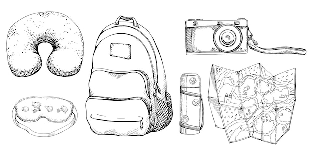 Vecteur sketch graphique vectoriel dessiné à la main avec de l'encre accessoires touristiques set de sac à dos vieille caméra carte de navigation flasque à vide masque de couchage et oreiller guide de voyage touristique tatuage de carte imprimée