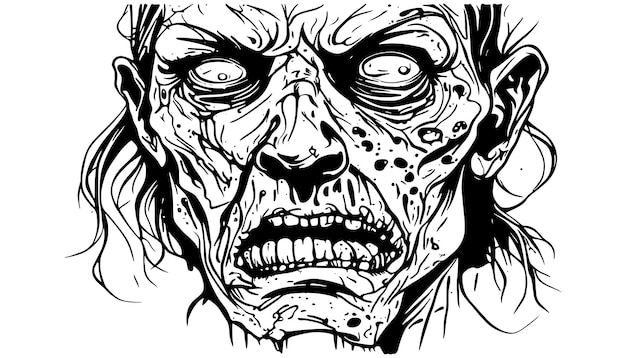 Sketch d'illustration vectorielle de la tête de zombie, dessinée avec des lignes noires, isolée sur un fond blanc, pour les vacances d'Halloween