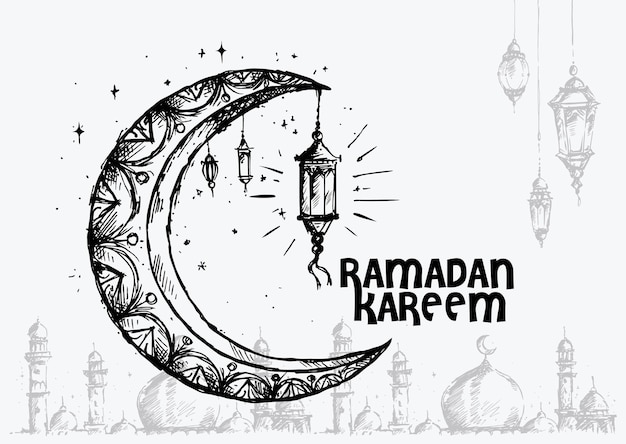 Vecteur sketch de lanterne et de demi-lune ramadan kareem sur une affiche de carte de vœux eid mubarak dans le style de doodle