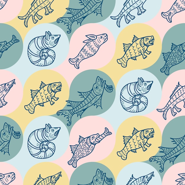 Vecteur sketch style anciens monstres marins et bêtes motif sans couture impression mystérieuse pour papier tee textile et tissu illustration vectorielle doodle