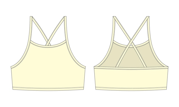 Sketch technique de bralette de fille couleur jaune soutien-gorge supérieur pour femme avec sangles modèle de conception de sous-vêtements sous-vêtements décontractés vues avant et arrière illustration de conception CAD vectorielle