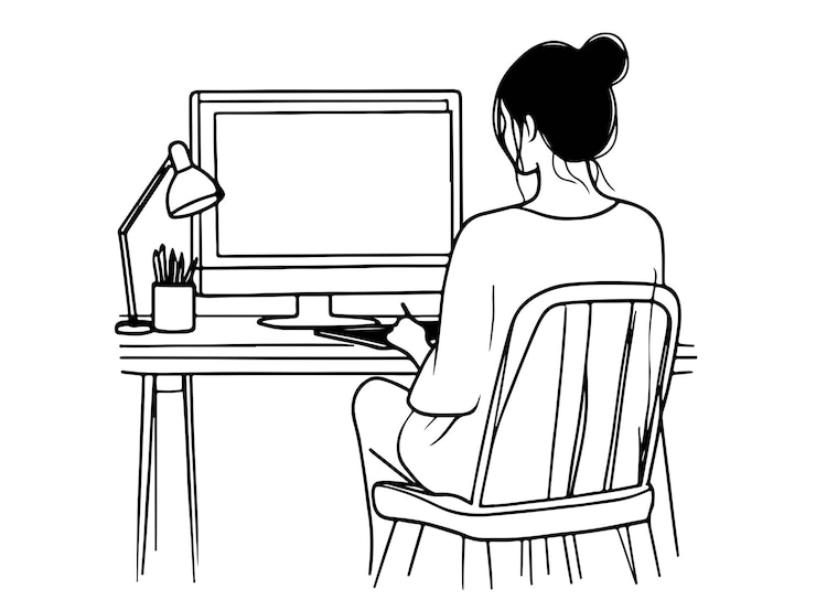 Vecteur sketch de travail d'une femme utilisant une tablette numérique mobile