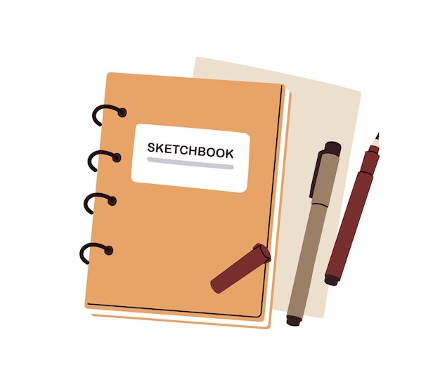 Sketchbook cahier de notes pour dessiner bloc-notes avec stylo et liner fournitures d'art outils de dessin accessoires artistiques carnet de notes passe-temps créatif illustration vectorielle plate isolée sur fond blanc