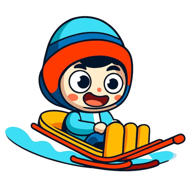 Vecteur ski pour enfants, snow tubing, snowboard, traîneau d'hiver, plaisir à la main, autocollant de dessin animé plat et élégant