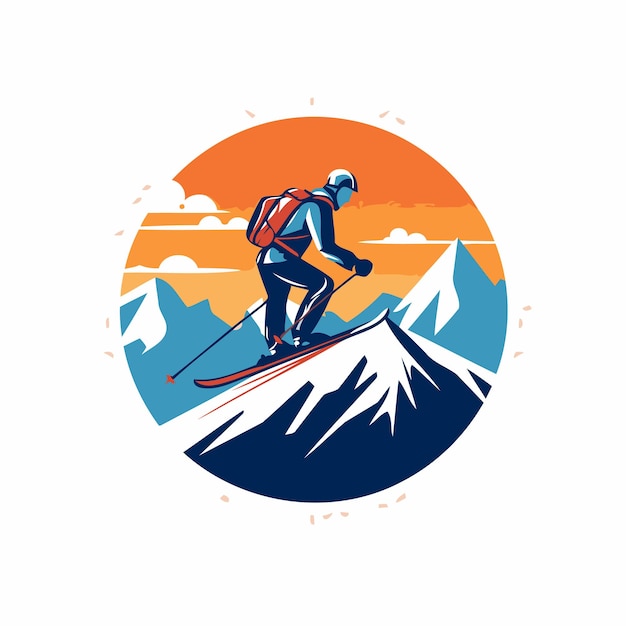 Vecteur skier au sommet de la montagne illustration vectorielle en style plat