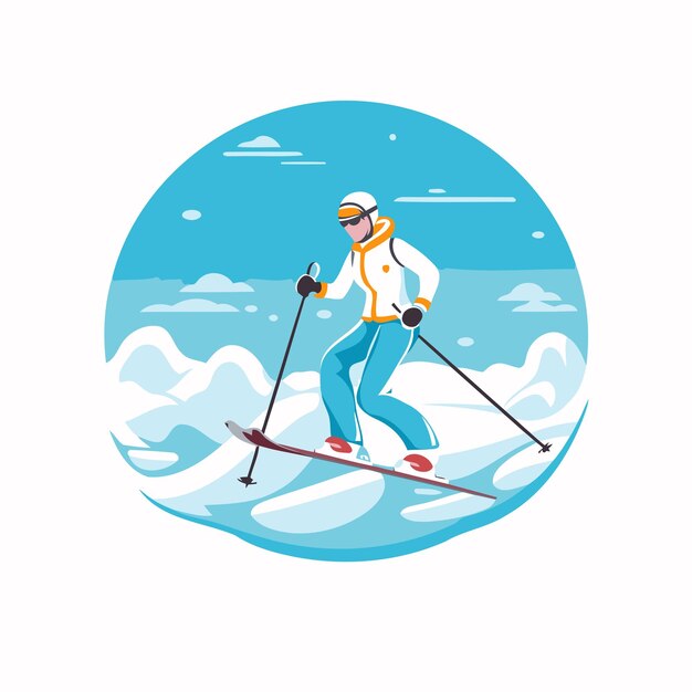 Vecteur skier skiant dans les montagnes illustration vectorielle de style plat sur fond blanc