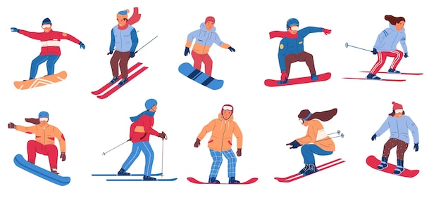 Skieur et snowboardeur Cartoon personnes en vêtements d'hiver faisant des activités de sports d'hiver Vector ski de montagne et