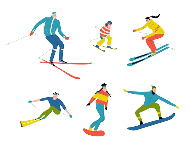 Skieurs Et Snowboarders, Griffonneurs. Hommes, Femmes Et Enfants De Dessin Animé Drôle Dans La Station De Ski. Illustration Plate Dessinée à La Main, Isolée Sur Blanc.