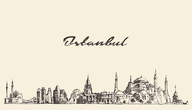 Skyline Détaillée D'istanbul, Turquie, Illustration Gravée Vintage, Dessinée à La Main, Croquis