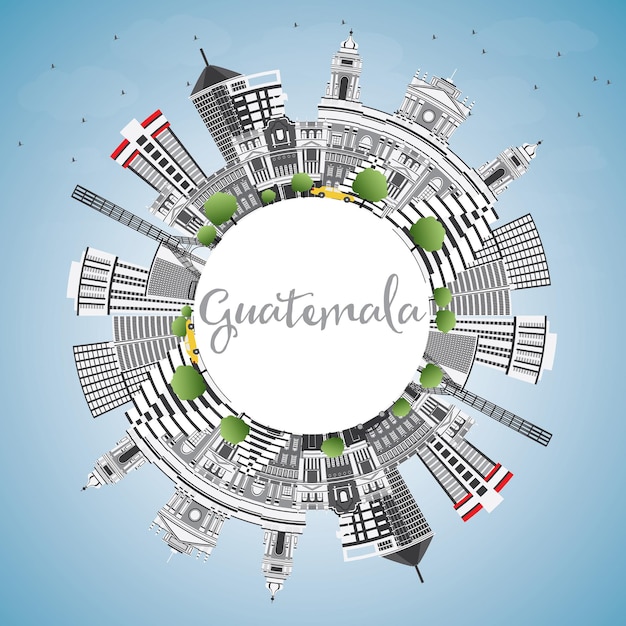 Skyline Du Guatemala Avec Bâtiments Gris, Ciel Bleu Et Espace De Copie. Illustration Vectorielle. Concept De Voyage D'affaires Et De Tourisme à L'architecture Moderne. Image Pour La Bannière De Présentation Et Le Site Web.