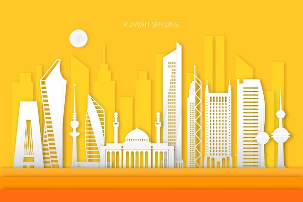 Skyline Du Koweït Dans Un Style Papier Avec Fond Jaune