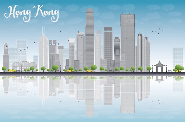 Skyline De Hong Kong Avec Des Bâtiments Gris Et Bleu Ciel.