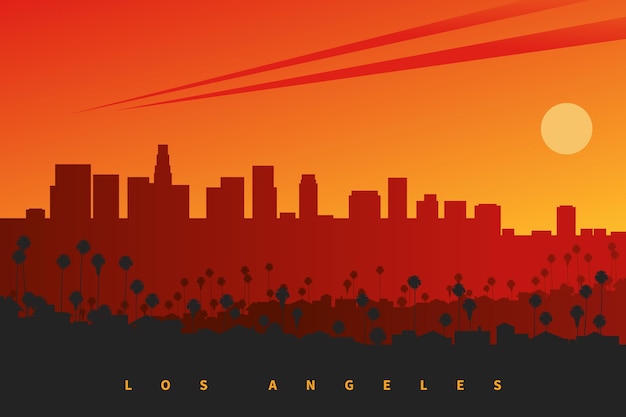 Skyline de Los Angeles au coucher du soleil, Californie, États-Unis. Illustration vectorielle créative originale