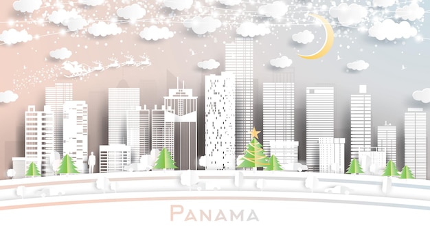 Skyline De Panama City Dans Un Style Papier Découpé Avec Des Flocons De Neige, Une Lune Et Une Guirlande De Néons